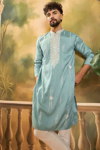 Men blue silk blend solid embroidered straight kurta with trouser