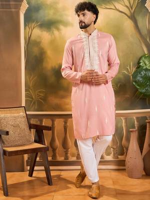 Men peach silk blend solid embroidered straight kurta with trouser 1
