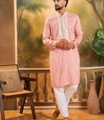 Men peach silk blend solid embroidered straight kurta with trouser