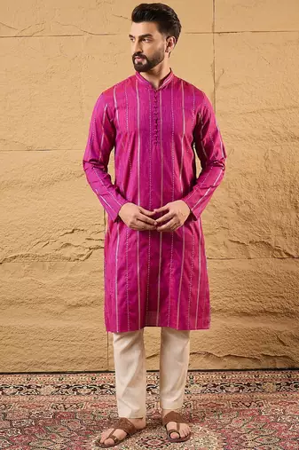Men pink pure cotton solid embroidered straight kurta with trousers