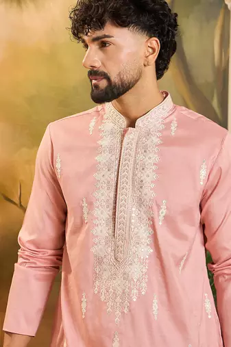 Men peach silk blend solid embroidered straight kurta with trouser