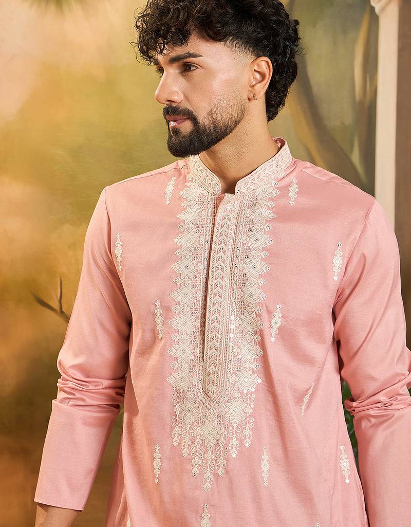 Men peach silk blend solid embroidered straight kurta with trouser