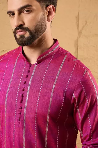 Men pink pure cotton solid embroidered straight kurta with trousers