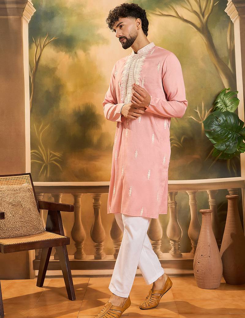 Men peach silk blend solid embroidered straight kurta with trouser