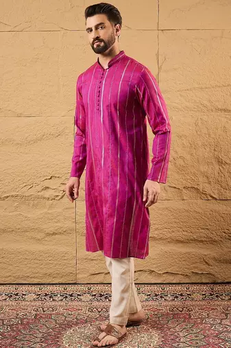 Men pink pure cotton solid embroidered straight kurta with trousers