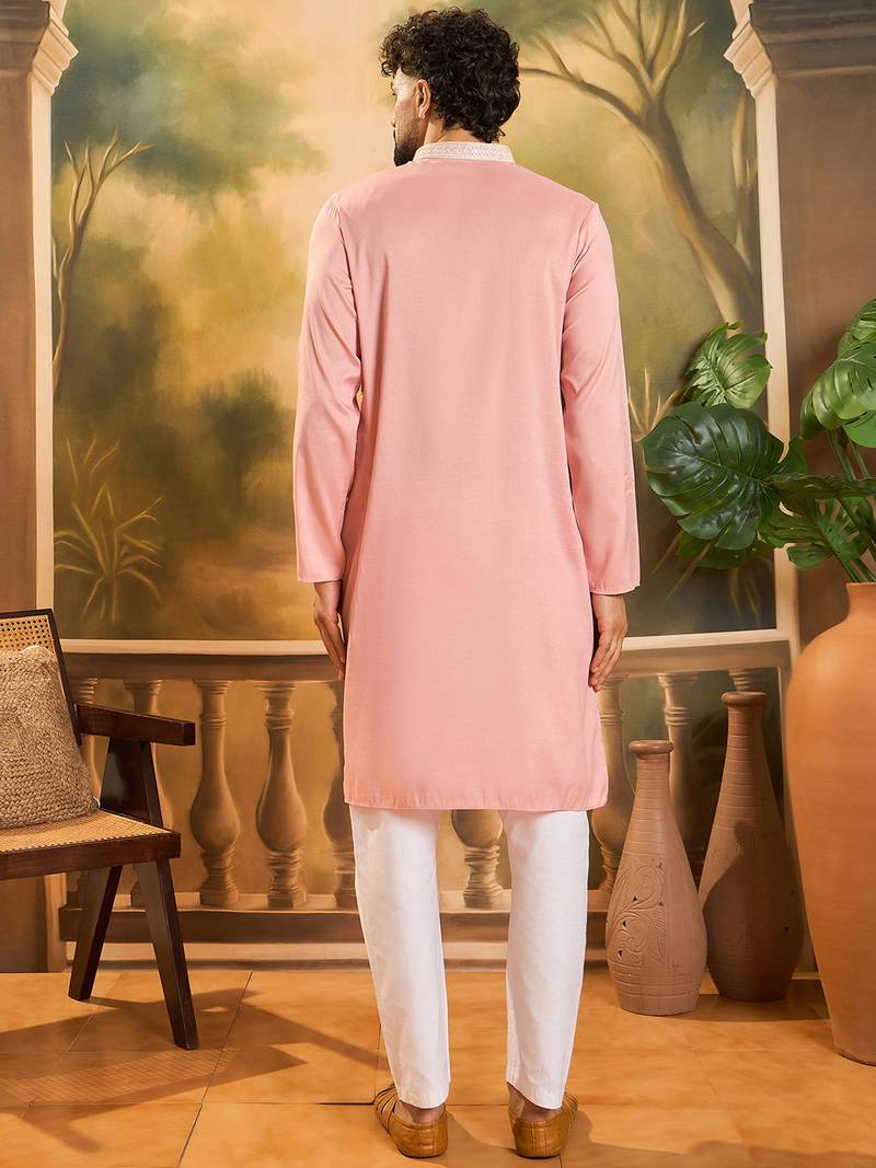 Men peach silk blend solid embroidered straight kurta with trouser