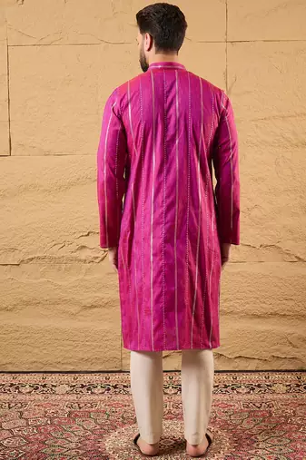 Men pink pure cotton solid embroidered straight kurta with trousers