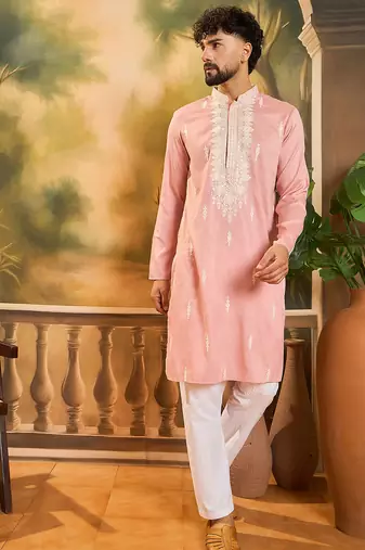 Men peach silk blend solid embroidered straight kurta with trouser