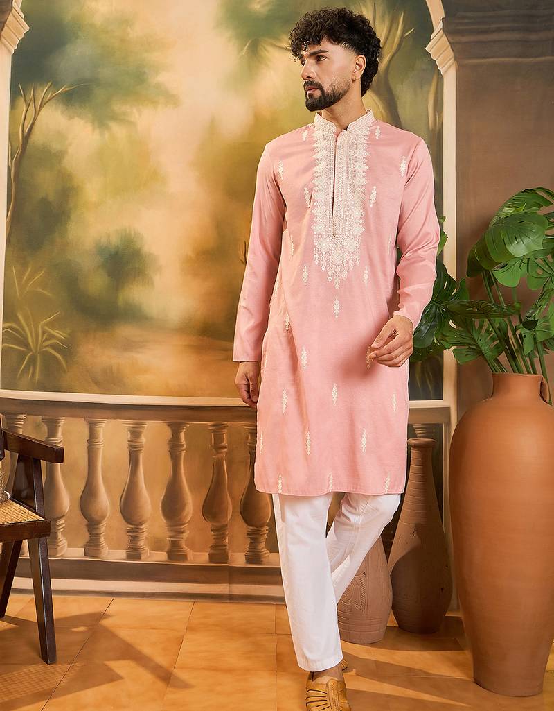 Men peach silk blend solid embroidered straight kurta with trouser