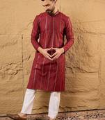 Men maroon pure cotton solid embroidered straight kurta with trousers