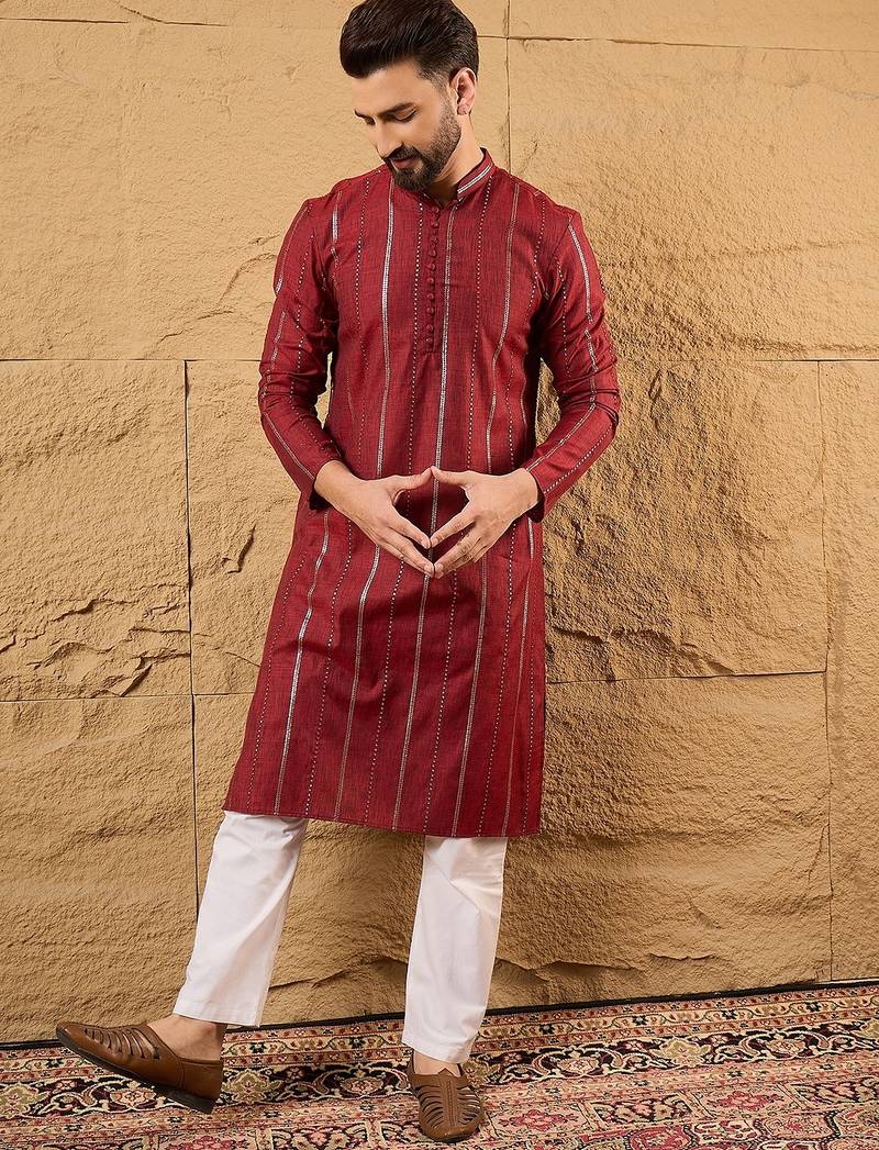 Men maroon pure cotton solid embroidered straight kurta with trousers