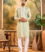 Men green silk blend solid embroidered straight kurta with trouser