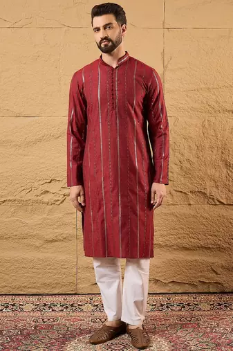 Men maroon pure cotton solid embroidered straight kurta with trousers