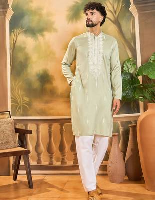 Men green silk blend solid embroidered straight kurta with trouser 3
