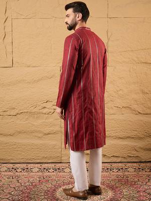 Men maroon pure cotton solid embroidered straight kurta with trousers 5