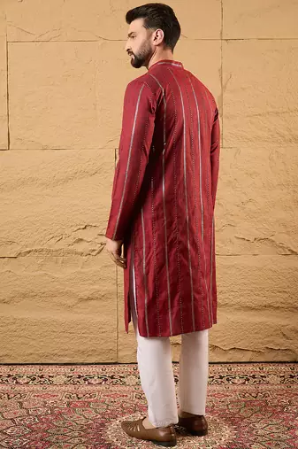 Men maroon pure cotton solid embroidered straight kurta with trousers