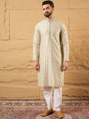 Men off white silk blend solid embroidered straight kurta with trouser 1