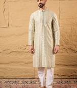 Men off white silk blend solid embroidered straight kurta with trouser