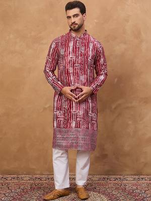 Men red viscose rayon batik embroidered straight kurta with pant set 1