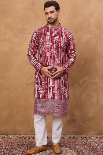 Men red viscose rayon batik embroidered straight kurta with pant set