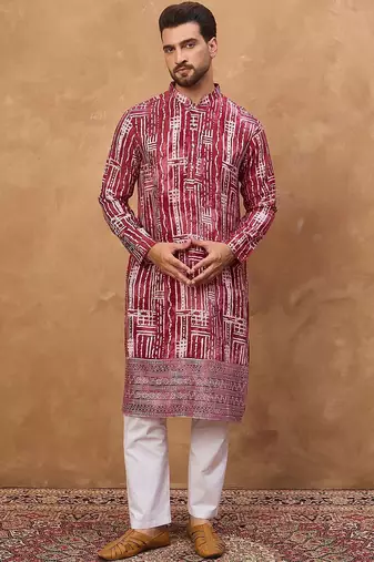 Men red viscose rayon batik embroidered straight kurta with pant set