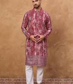 Men red viscose rayon batik embroidered straight kurta with pant set