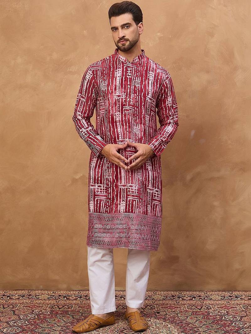 Men red viscose rayon batik embroidered straight kurta with pant set