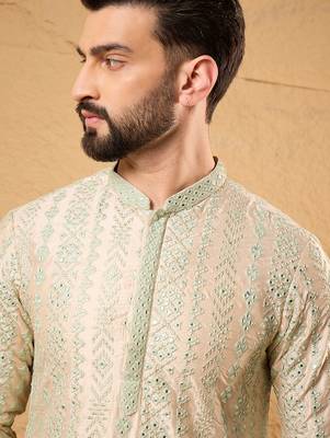 Men off white silk blend solid embroidered straight kurta with trouser 2