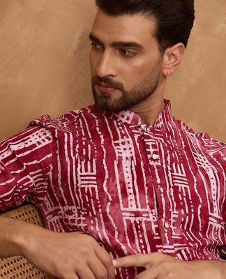 Men red viscose rayon batik embroidered straight kurta with pant set 2