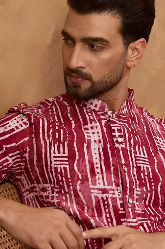 Men red viscose rayon batik embroidered straight kurta with pant set