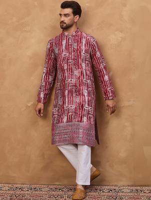 Men red viscose rayon batik embroidered straight kurta with pant set 3