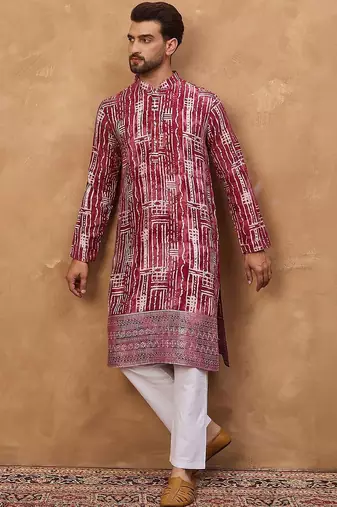 Men red viscose rayon batik embroidered straight kurta with pant set
