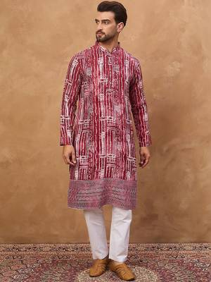 Men red viscose rayon batik embroidered straight kurta with pant set 4