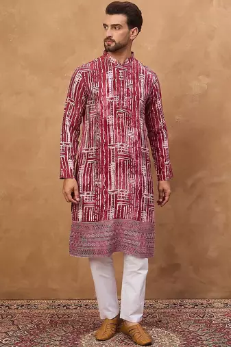 Men red viscose rayon batik embroidered straight kurta with pant set