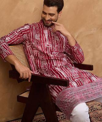 Men red viscose rayon batik embroidered straight kurta with pant set 5
