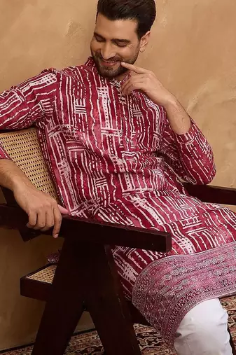 Men red viscose rayon batik embroidered straight kurta with pant set