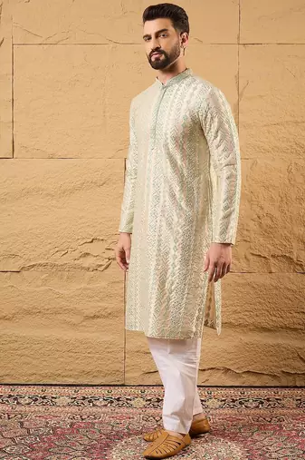 Men off white silk blend solid embroidered straight kurta with trouser