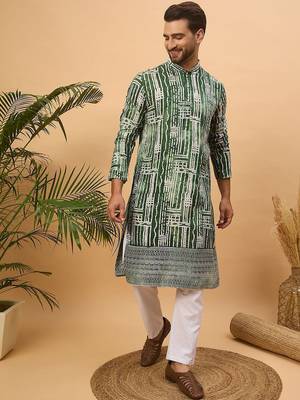 Men green viscose rayon batik embroidered straight kurta with pant set 1