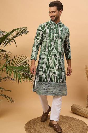 Men green viscose rayon batik embroidered straight kurta with pant set