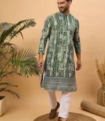 Men green viscose rayon batik embroidered straight kurta with pant set