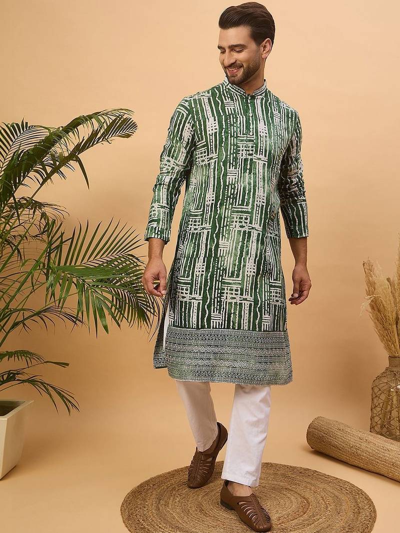 Men green viscose rayon batik embroidered straight kurta with pant set