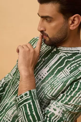Men green viscose rayon batik embroidered straight kurta with pant set