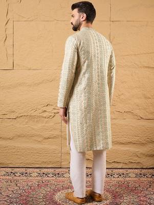 Men off white silk blend solid embroidered straight kurta with trouser 4