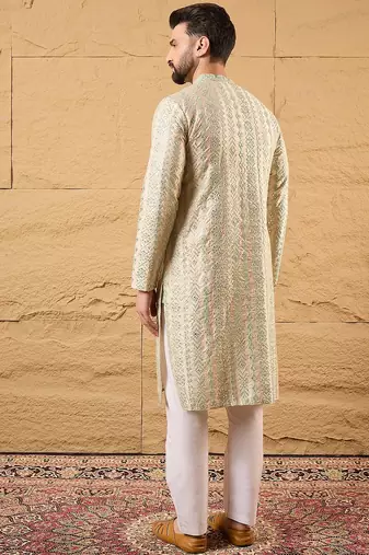 Men off white silk blend solid embroidered straight kurta with trouser