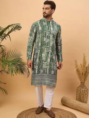 Men green viscose rayon batik embroidered straight kurta with pant set 3