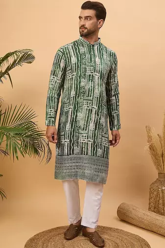 Men green viscose rayon batik embroidered straight kurta with pant set