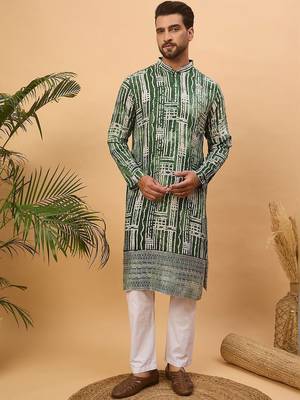Men green viscose rayon batik embroidered straight kurta with pant set 4
