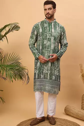 Men green viscose rayon batik embroidered straight kurta with pant set