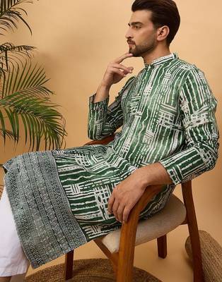 Men green viscose rayon batik embroidered straight kurta with pant set 5