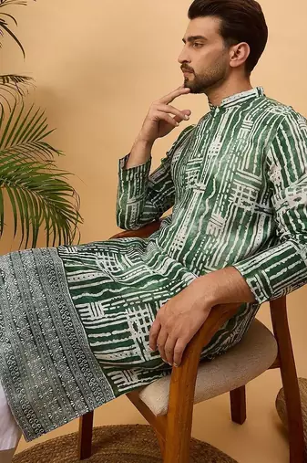 Men green viscose rayon batik embroidered straight kurta with pant set